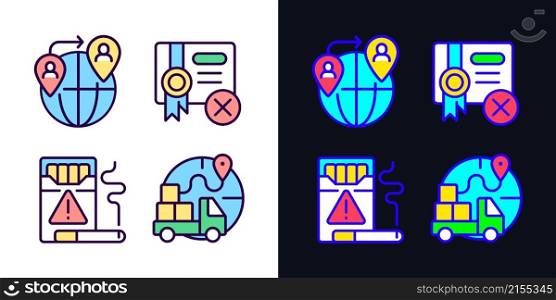 Contraband light and dark theme RGB color icons set. People smuggling. Cigars trading. Import restrictions. Simple filled line drawings pack on white and black space. Editable stroke. Pixel perfect. Contraband light and dark theme RGB color icons set