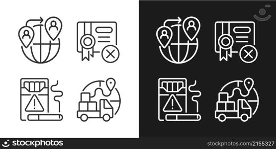 Contraband linear icons set for dark and light mode. People smuggling. Cigarettes trading. Customizable thin line symbols. Isolated vector outline illustrations. Editable stroke. Pixel perfect. Contraband linear icons set for dark and light mode