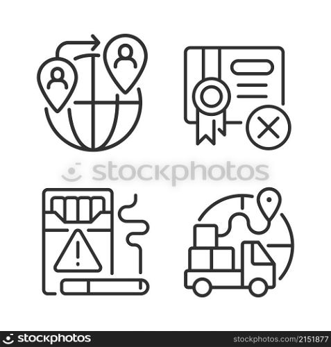 Contraband linear icons set. People smuggling. Cigarettes illegal trading. Customizable thin line contour symbols. Isolated vector outline illustrations. Editable stroke. Pixel perfect. Contraband linear icons set