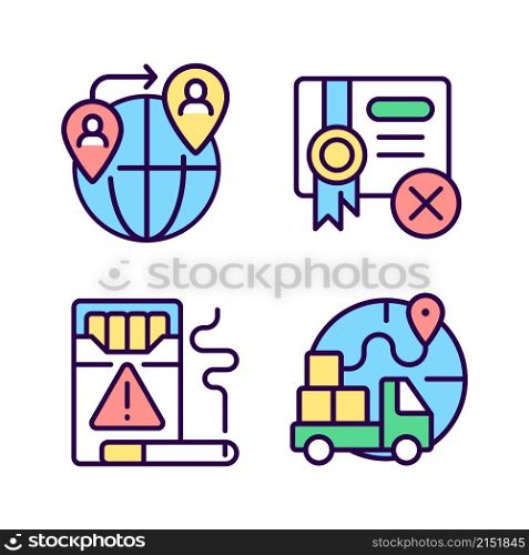 Contraband RGB color icons set. People smuggling. Cigarettes illegal trading. Import restrictions. Isolated vector illustrations. Simple filled line drawings collection. Editable stroke. Pixel perfect. Contraband RGB color icons set