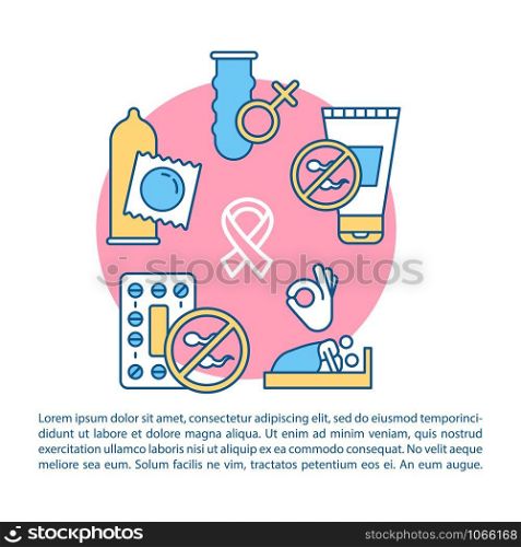 Contraception article page vector template. Hiv protection. Safe sex. Pregnancy protection. Brochure, magazine, booklet design element with linear icons. Print design. Concept illustrations with text