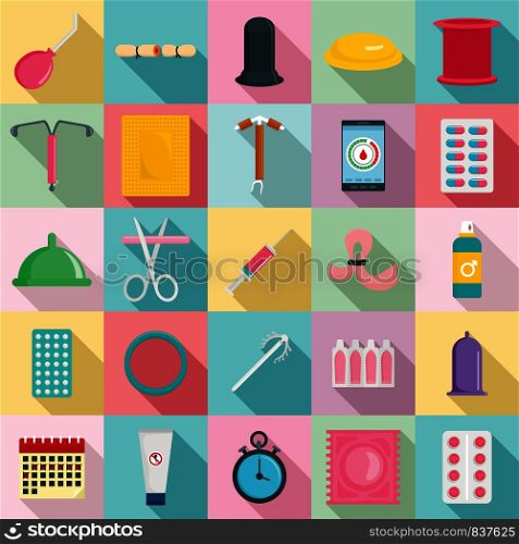 Contraception Day control pill medication oral test icons set. Flat illustration of 25 Contraception Day control pill medication oral test vector icons for web. Contraception Day control icons set, flat style