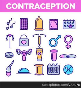 Contraception Linear Vector Icons Set. Contraception Thin Line Contour Symbols. Pregnancy Prevention Pictograms Collection. Safe Sex, Medical Birth Control. Pills, Condoms Outline Illustrations. Contraception Linear Vector Icons Set Thin Pictogram
