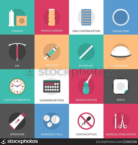 Contraception methods square icons set with calendar injection and oral contraception symbols flat isolated vector illustration . Contraception Methods Icons Set