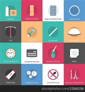 Contraception methods square icons set with calendar injection and oral contraception symbols flat isolated vector illustration . Contraception Methods Icons Set