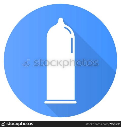 Contraceptive blue flat design long shadow glyph icon. Male latex condom. Rubber preservative for safe sex. Pregnancy prevention. Birth control. AIDs protection. Vector silhouette illustration