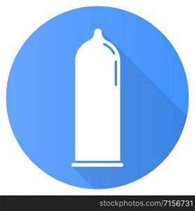 Contraceptive blue flat design long shadow glyph icon. Male latex condom. Rubber preservative for safe sex. Pregnancy prevention. Birth control. AIDs protection. Vector silhouette illustration