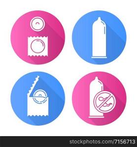 Contraceptive flat design long shadow glyph icons set. Safe sex. Male condom in package. Preservative. Birth control. Unwanted pregnancy prevention. HIV precaution. Vector silhouette illustration