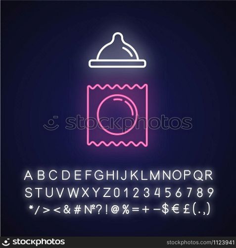 Contraceptive neon light icon. Female condom for safe sex. Pregnancy prevention. STI protection for healthy intercourse. Glowing sign with alphabet, numbers and symbols. Vector isolated illustration