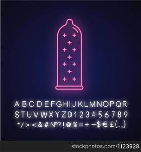 Contraceptive neon light icon. Female latex reusable condom with dots. Birth control. STI, HIV protection for safe sex. Glowing sign with alphabet, numbers and symbols. Vector isolated illustration