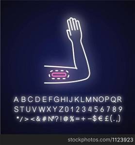 Contraceptive neon light icon. Female preservative method. Birth control with medical procedure. Underskin input on arm. Glowing sign with alphabet, numbers and symbols. Vector isolated illustration