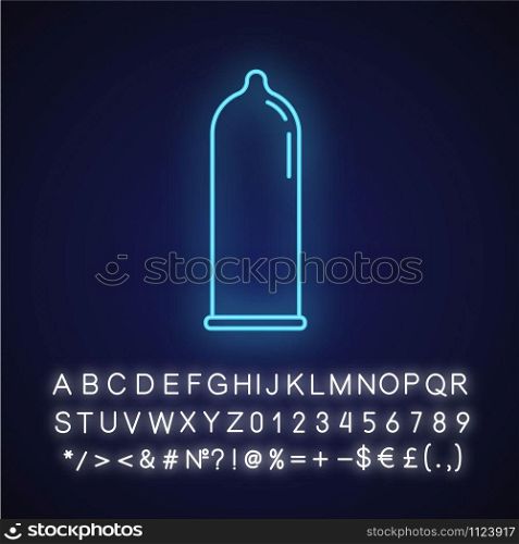Contraceptive neon light icon. Male latex condom. Rubber preservative for safe sex. Pregnancy prevention. AIDs protection. Glowing sign with alphabet, numbers and symbols. Vector isolated illustration