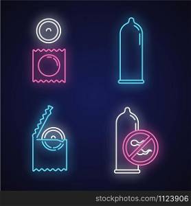 Contraceptive neon light icons set. Safe sex. Male latex condom in package. Preservative method. Birth control. Pregnancy prevention. HIV risk precaution. Glowing signs. Vector isolated illustrations