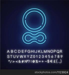 Contraceptive ring neon light icon. Female preservative option. Vaginal product for safe sex. Pregnancy prevention. Glowing sign with alphabet, numbers and symbols. Vector isolated illustration