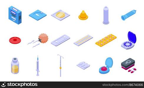 Contraceptives icons set isometric vector. Birth control. Natural cap. Contraceptives icons set isometric vector. Birth control
