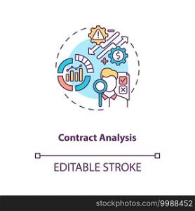 Contract analysis concept icon. Contract lifecycle steps. Review pricing and payment terms between sides idea thin line illustration. Vector isolated outline RGB color drawing. Editable stroke. Contract analysis concept icon