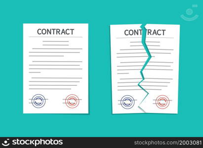 Contract and break contract. Breach and terminate of paper document. Cancel, torn and rip of agreement for law. Termination deal in business. Failure in partnership. Icon of disagree in work. Vector.. Contract and break contract. Breach and terminate of paper document. Cancel, torn and rip of agreement for law. Termination deal in business. Failure in partnership. Icon of disagree in work. Vector