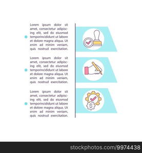 Contract approval and execution concept icon with text. Signing agreed contract. Ensuring compliance. PPT page vector template. Brochure, magazine, booklet design element with linear illustrations. Contract approval and execution concept icon with text