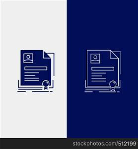 Contract, badge, Business, agreement, certificate Line and Glyph web Button in Blue color Vertical Banner for UI and UX, website or mobile application. Vector EPS10 Abstract Template background