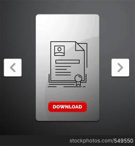 Contract, badge, Business, agreement, certificate Line Icon in Carousal Pagination Slider Design & Red Download Button. Vector EPS10 Abstract Template background