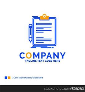 Contract, check, Business, done, clip board Blue Yellow Business Logo template. Creative Design Template Place for Tagline.