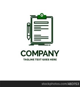 Contract, check, Business, done, clip board Flat Business Logo template. Creative Green Brand Name Design.