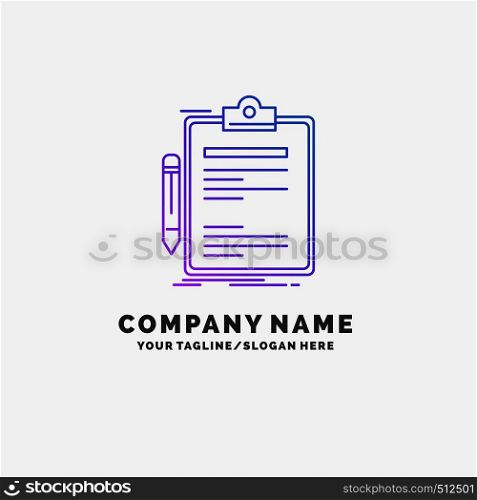 Contract, check, Business, done, clip board Purple Business Logo Template. Place for Tagline. Vector EPS10 Abstract Template background