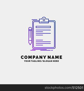 Contract, check, Business, done, clip board Purple Business Logo Template. Place for Tagline. Vector EPS10 Abstract Template background
