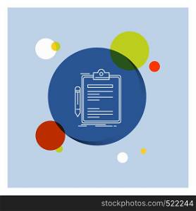 Contract, check, Business, done, clip board White Line Icon colorful Circle Background. Vector EPS10 Abstract Template background