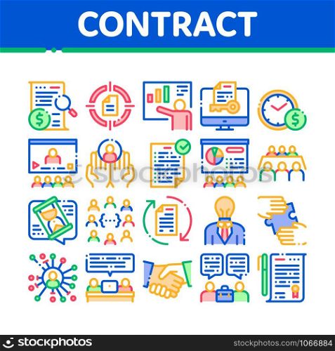 Contract Collection Elements Icons Set Vector Thin Line. Human Silhouette And Hands, Handshake And Agreement Contract Document With Pen Concept Linear Pictograms. Color Contour Illustrations. Contract Collection Elements Icons Set Vector