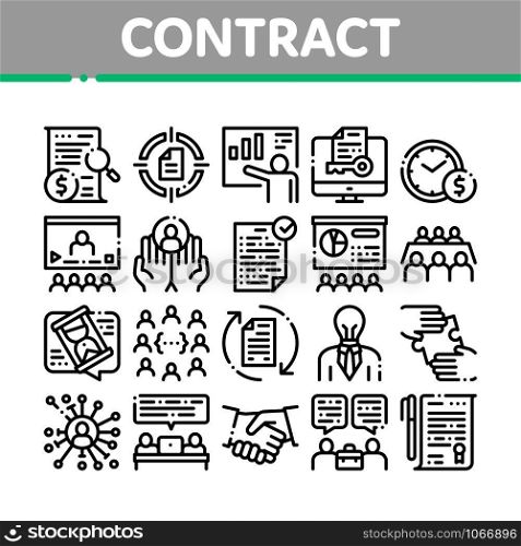 Contract Collection Elements Icons Set Vector Thin Line. Human Silhouette And Hands, Handshake And Agreement Contract Document With Pen Concept Linear Pictograms. Monochrome Contour Illustrations. Contract Collection Elements Icons Set Vector