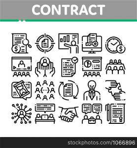 Contract Collection Elements Icons Set Vector Thin Line. Human Silhouette And Hands, Handshake And Agreement Contract Document With Pen Concept Linear Pictograms. Monochrome Contour Illustrations. Contract Collection Elements Icons Set Vector