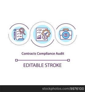Contract compliance audit concept icon. Contracts and terms review idea thin line illustration. Ensuring contractual obligations. Vector isolated outline RGB color drawing. Editable stroke. Contract compliance audit concept icon