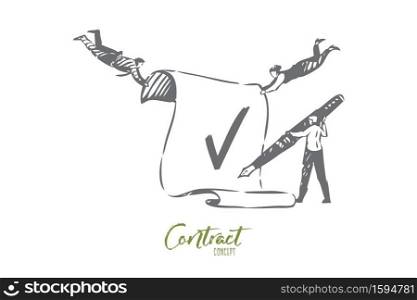 Contract concept sketch. Flying businesswoman and businessman holding document, official paper, document signing, agreement conclusion, business partnership banner. Isolated vector illustration. Contract concept sketch. Isolated vector illustration