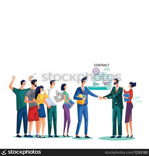 Contract conclusion and teamwork concept vector illustration. Satisfied businessmen shake hands against signed agreement with seal and signatures, their teams are behind them isolated on white. Contract conclusion concept vector illustration