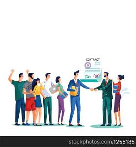 Contract conclusion and teamwork concept vector illustration. Satisfied businessmen shake hands against signed agreement with seal and signatures, their teams are behind them isolated on white. Contract conclusion concept vector illustration