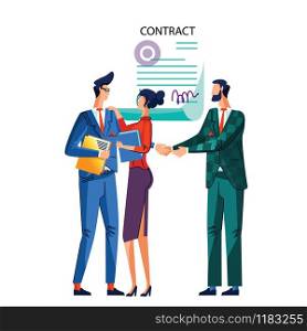 Contract conclusion concept vector illustration. Satisfied businessmen shake hands against signed agreement with seal and signatures, woman stands with hand on his background. Contract conclusion concept vector illustration