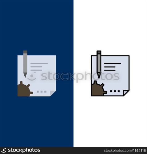 Contract, Document, File, Page, Paper, Sign, Signing Icons. Flat and Line Filled Icon Set Vector Blue Background