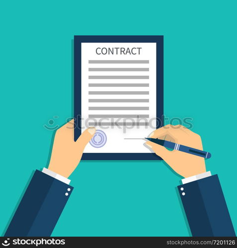 Contract document in hand. Sign agreement. Hold insurance license. Writing legal, business, medical notes. Agree and signature approval from pen. Investment, corporate concept. Diplomacy work. Vector.. Contract document in hand. Sign agreement. Hold insurance license. Writing legal, business, medical notes. Agree and signature approval from pen. Investment, corporate concept. Diplomacy work. Vector