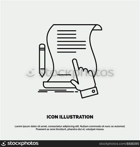 contract, document, paper, sign, agreement, application Icon. Line vector gray symbol for UI and UX, website or mobile application. Vector EPS10 Abstract Template background