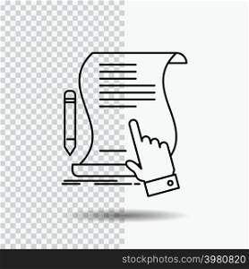 contract, document, paper, sign, agreement, application Line Icon on Transparent Background. Black Icon Vector Illustration