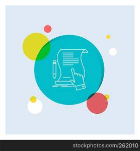 contract, document, paper, sign, agreement, application White Line Icon colorful Circle Background