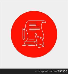 contract, document, paper, sign, agreement, application White Line Icon in Circle background. vector icon illustration. Vector EPS10 Abstract Template background