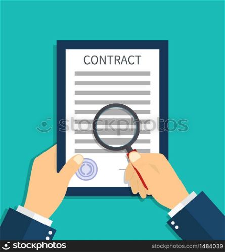 Contract document with magnifying glass in hand. Check and search in legal agreement the fraud. Review text for control with lupe. Verification or audit of finance. Report of inspection. Vector.. Contract document with magnifying glass in hand. Check and search in legal agreement the fraud. Review text for control with lupe. Verification or audit of finance. Report of inspection. Vector