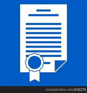 Contract icon white isolated on blue background vector illustration. Contract icon white