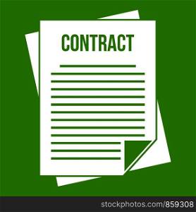 Contract icon white isolated on green background. Vector illustration. Contract icon green