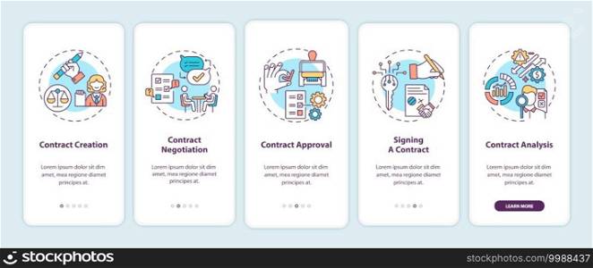 Contract lifecycle steps onboarding mobile app page screen with concepts. Contract creation walkthrough 5 steps graphic instructions. UI vector template with RGB color illustrations. Contract lifecycle steps onboarding mobile app page screen with concepts