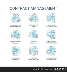 Contract management concept icons set. Contract lifecycle processes. Efficient management tips idea thin line RGB color illustrations. Vector isolated outline drawings. Editable stroke. Contract management concept icons set