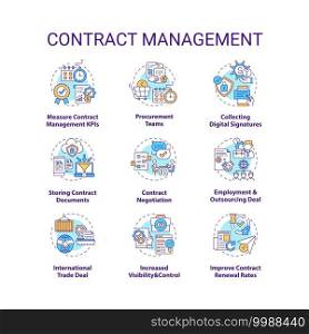Contract management concept icons set. Contract lifecycle steps. Efficient management tips idea thin line RGB color illustrations. Vector isolated outline drawings. Editable stroke. Contract management concept icons set