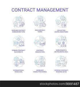 Contract management concept icons set. Contract lifecycle steps. Efficient management tips for company ruling idea thin line RGB color illustrations. Vector isolated outline drawings. Contract management concept icons set